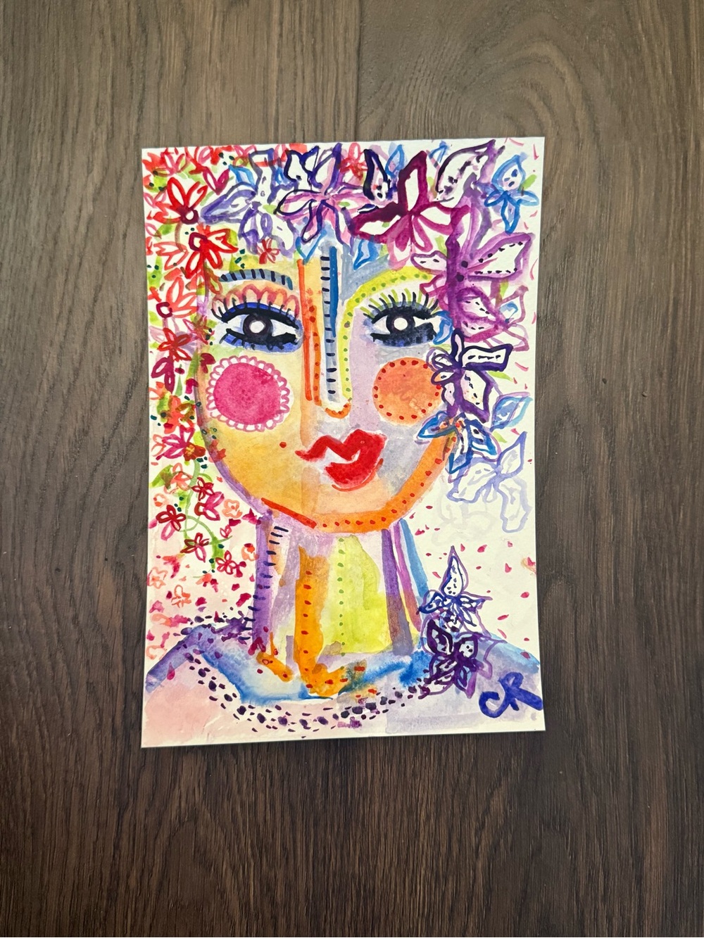 Original Watercolor Art Piece, Hand-Painted, Colorful Floral Woman